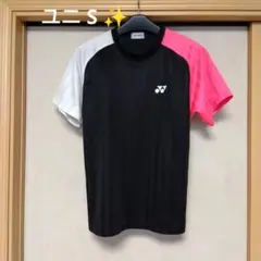 ✨①YONEXＴシャツ／ユニ S／ストライプ／ブラック✖ 蛍光ピンク✖ ホワイト