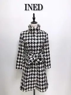551 INED イネド スタンドカラーコート 9 ウール 千鳥格子 モノクロ