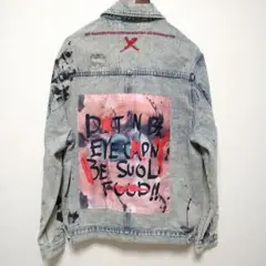 美品 デザインペイント クラッシュ ダメージ加工 バックプリント デニム