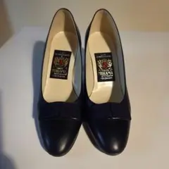 【美品】ミハマ　黒いレザーリボン付きパンプス　日本製　ローヒール　22.5㎝