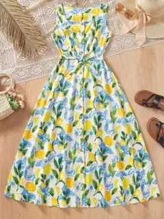 SHEIN レモンプリント ノースリーブ マキシドレス
