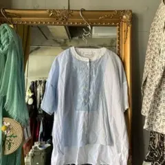 @ プレミィコロミィ 花柄 総柄 ブラウス シャツ ストライプ 刺繍 青 白