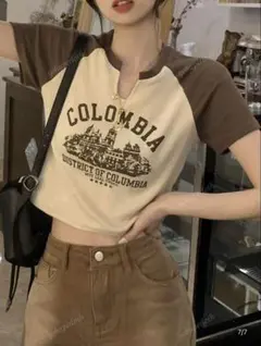 トップス　丈短Tシャツ　茶色