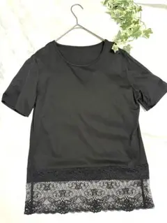 イタリア製　上質綿サテン　裾レース飾り　黒半袖　Tシャツ　Lサイズ
