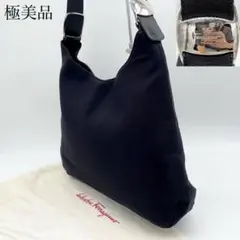 『極美品』フェラガモ 銀ヴァラリボン レザー 分厚め キャンバス生地 黒