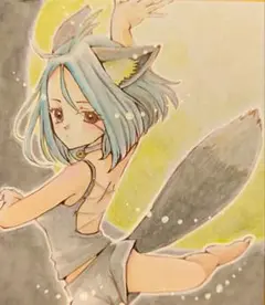 日本の女子21　黒狐ダンス　月　手描きイラスト　オリジナル　アナログ　原画　色紙