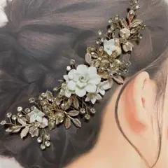 ゴールドリーフフラワーヘッドドレス ブライダルヘアアクセサリー結婚式ウェディング