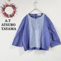 美品✨アツロウタヤマ◇リネンブレンドブラウス ストライプ 切替 シャツ S