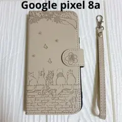 Google pixel 8a ケース 手帳型 猫 桜柄[ベージュ]