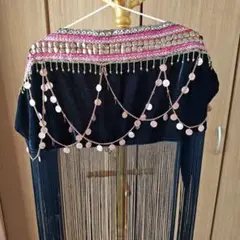 ベリーダンス　トライバル　ヒップスカーフ　ブラック　レッド