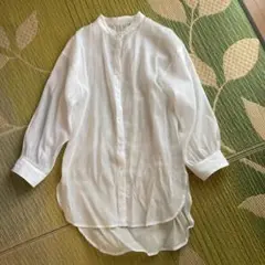 バンドカラーホワイトシャツ　ロング　透け感　Mサイズ