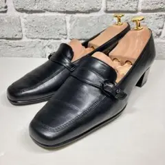 【美品】銀座ヨシノヤ ヒールローファー 甲ベルト レザー 黒 24.0cm