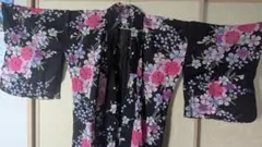 なでしこ柄　桜花柄 浴衣 黒地 ピンク 紫　綿100%