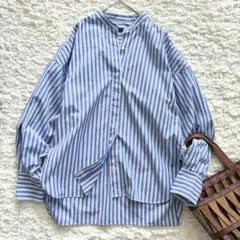 マルティニーク ボリューム袖 バンドカラー シャツ ストライプ 青