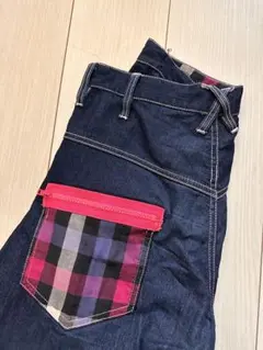 ダークブルー デニムパンツ チェック ポケット ピンク