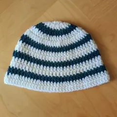 クロシェハット バケハ ビーニー クラッシャーハット ニット帽 青 白 ボーダー