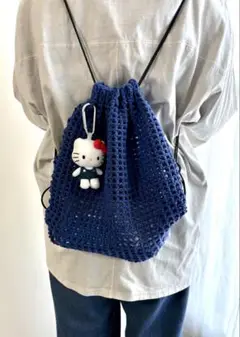 編みナップサック　ブルー　ハンドメイド