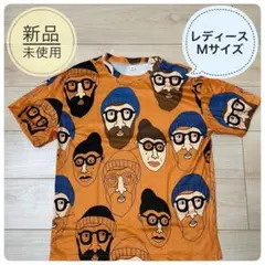 大きめ ユニーク顔柄プリント レディース オレンジTシャツ Mサイズ ゆったり