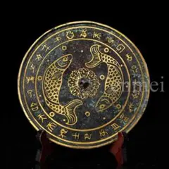 中国古美術・珍品旧藏・ 魚文様・錯金青銅鏡・装飾円盤・純銅製・文房置物・風水開運