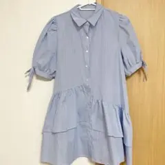 clear 水色 シャツ フリル アシンメトリーシャツワンピース