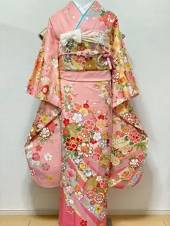 振袖セット 紅梅色に華やかな花々 金駒刺繍 熨斗柄 雪輪 正絹紋意匠