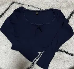 shein 長袖　トップス　ネイビー クロップド丈