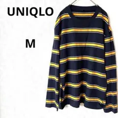 ユニクロ 長袖カットソー　ロングシャツ　Uネック　コットン　ネイビー/黄色　M