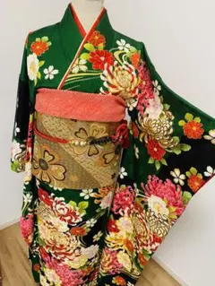 振袖3455秀品 袋帯フルセット小物セット付き正絹 緑