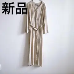 新品　ベージュ 長袖ワンピース ウエストベルト付きシャツワンピース