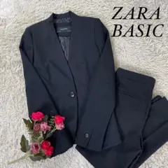 【美品】ザラベーシック パンツ スーツ ノーカラージャケット セットアップ 黒