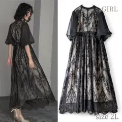 GIRL／大きいサイズ2L 総レースハイネックバルーンスリーブロング丈ブラック