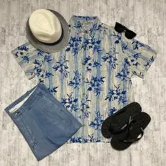 アロハシャツ　シルク100% 総柄　ゆるだぼ　開襟　オープンカラー　古着
