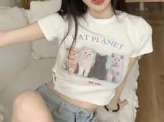 CATプリント サイドクロス編上げ Tシャツ