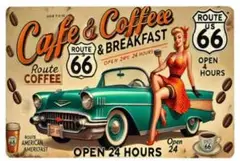 【ブリキ看板】カフェ＆コーヒー店24時間営業 ルート６６ レトロ看板