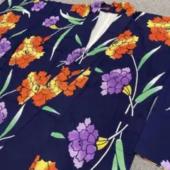 浴衣　花柄　紺　本染　コーマ地