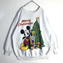 3645　USA製　ミッキー　クリスマス　長袖　スウェット　ビッグプリント　白