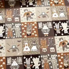 【1m】猫ちゃんブロック生地 ブラウン&ベージュ系 オックス
