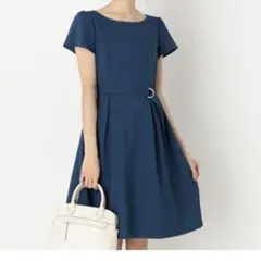 【超美品】anySIS ネイビー 半袖 ひざ丈 ワンピース ベルト Aライン M