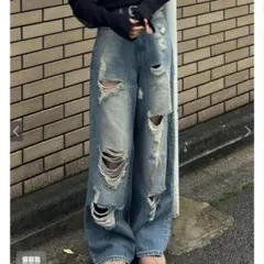 グレイル GRL ダメージカットルーズデニムパンツ[cu525]
