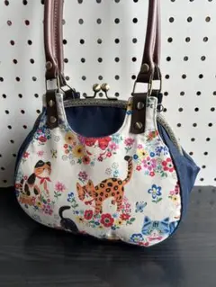 ＊ハンドメイド＊　25口金あおりがま口バッグ　フラワーにゃんこ×デニムネイビー