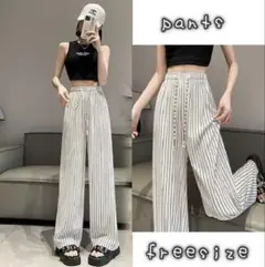 635 レディース ワイドパンツ 美脚 体型カバー ウエストゴム 白 ストライプ