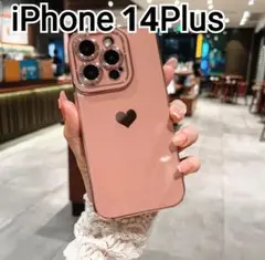 iPhone14Plus ケース 　くすみピンク　ハート　ふちどりメッキ風