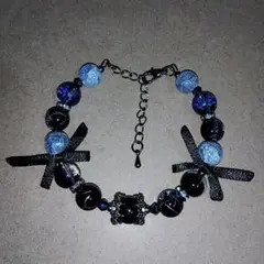 ハンドメイド　ブレスレット　リボン　黒　青系