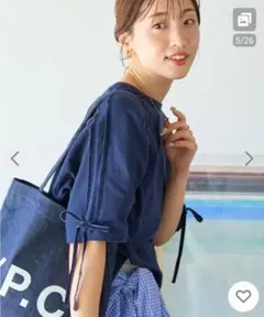 フリークスストア　袖 ベロア リボン ライン 半袖 ラグラン Ｔシャツ　ネイビー