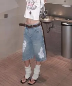 wonder wonder ダビンプリントデニムウォッシュドバミューダパンツ
