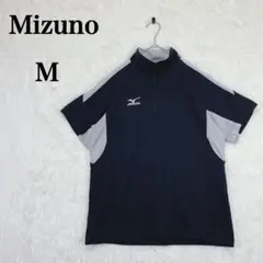 【ミズノ】ブラック ハーフジップ ロゴ刺繍 半袖 スポーツ M メッシュ