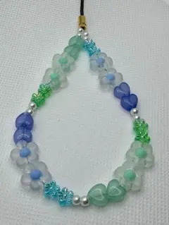 グリーン×ブルー 花×ハート ストラップ