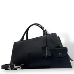 美品　ナカザワ　ハンドバッグ　黒　2way　ロゴ　自立可　レザー　s98