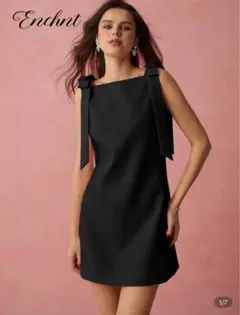 SHEIN Enchnt ブラック　ショルダー　リボン　ワンピース