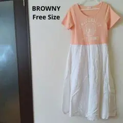 BROWNY　ワンピース　ピンクオレンジとホワイトの半袖異素材ドッキング